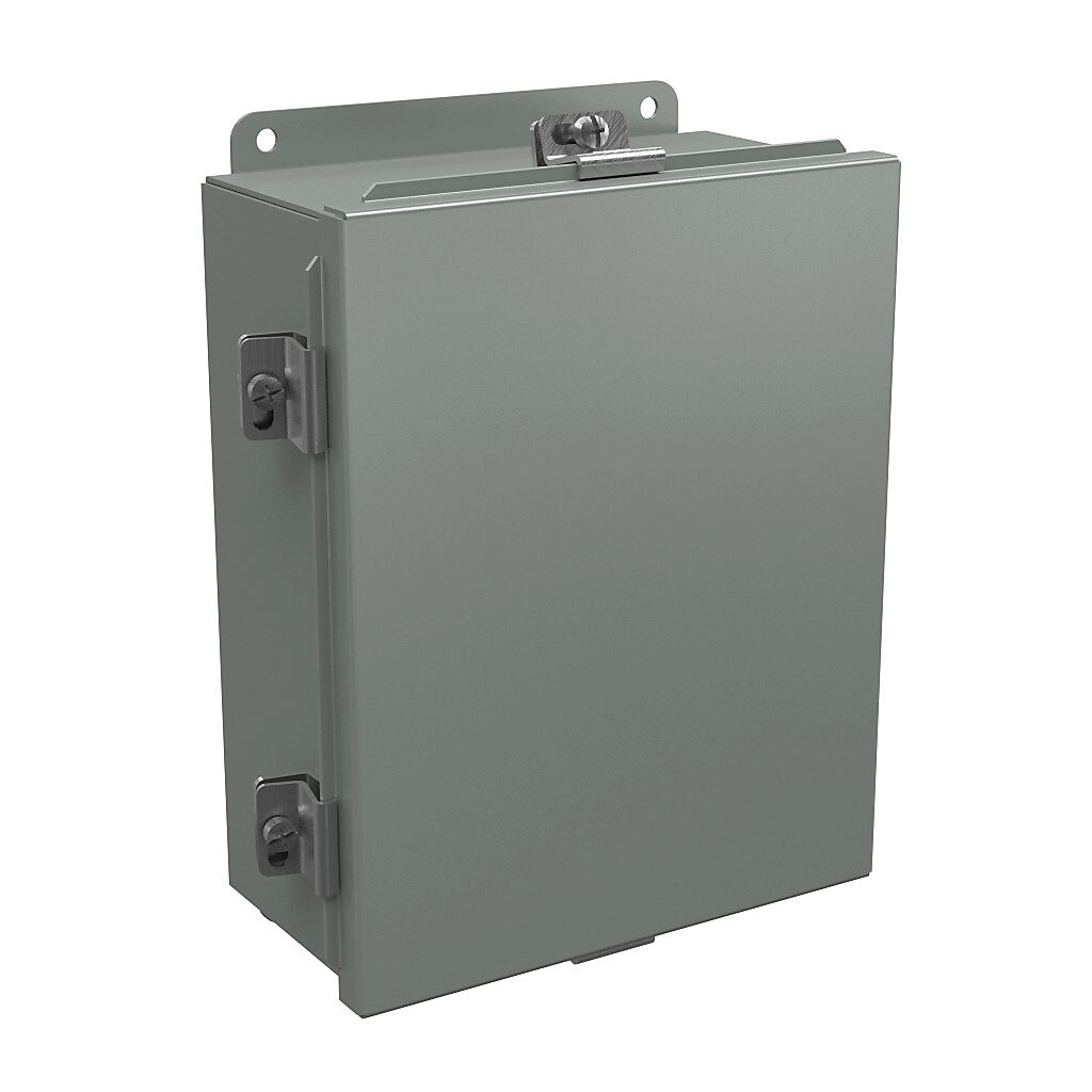 BN4100804 - Wiegmann enclosure, NEMA 4/12/13, 10 x 8 x 4in (HxWxD), wall mount, carbon steel, ANSI 61 gray, powder coat finish, lift-off cover, stainless steel clamps.