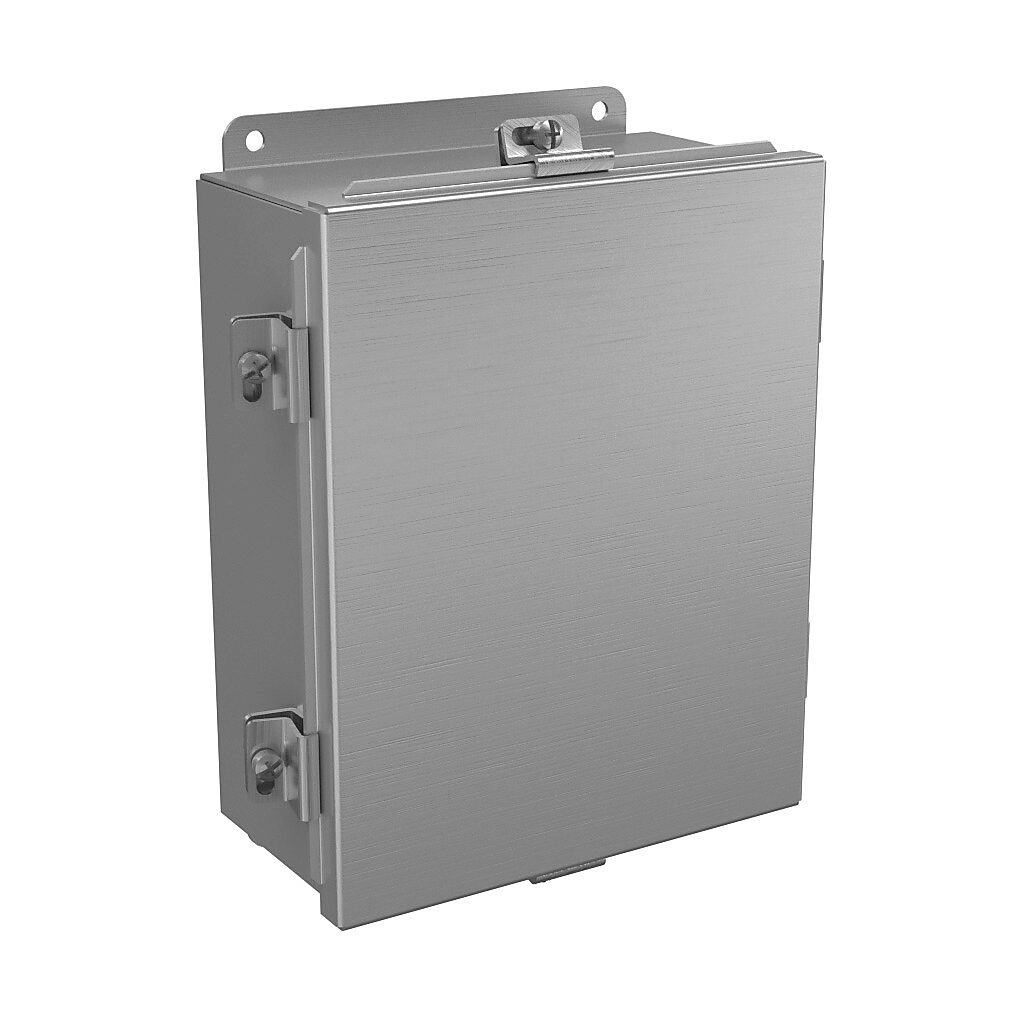 BN4100804AL - Wiegmann enclosure, NEMA 4/4X/12/13, 10 x 8 x 4in (HxWxD), wall mount, 5052-H32 aluminum, No. 3 intermediate polished finish, lift-off cover, stainless steel clamps.