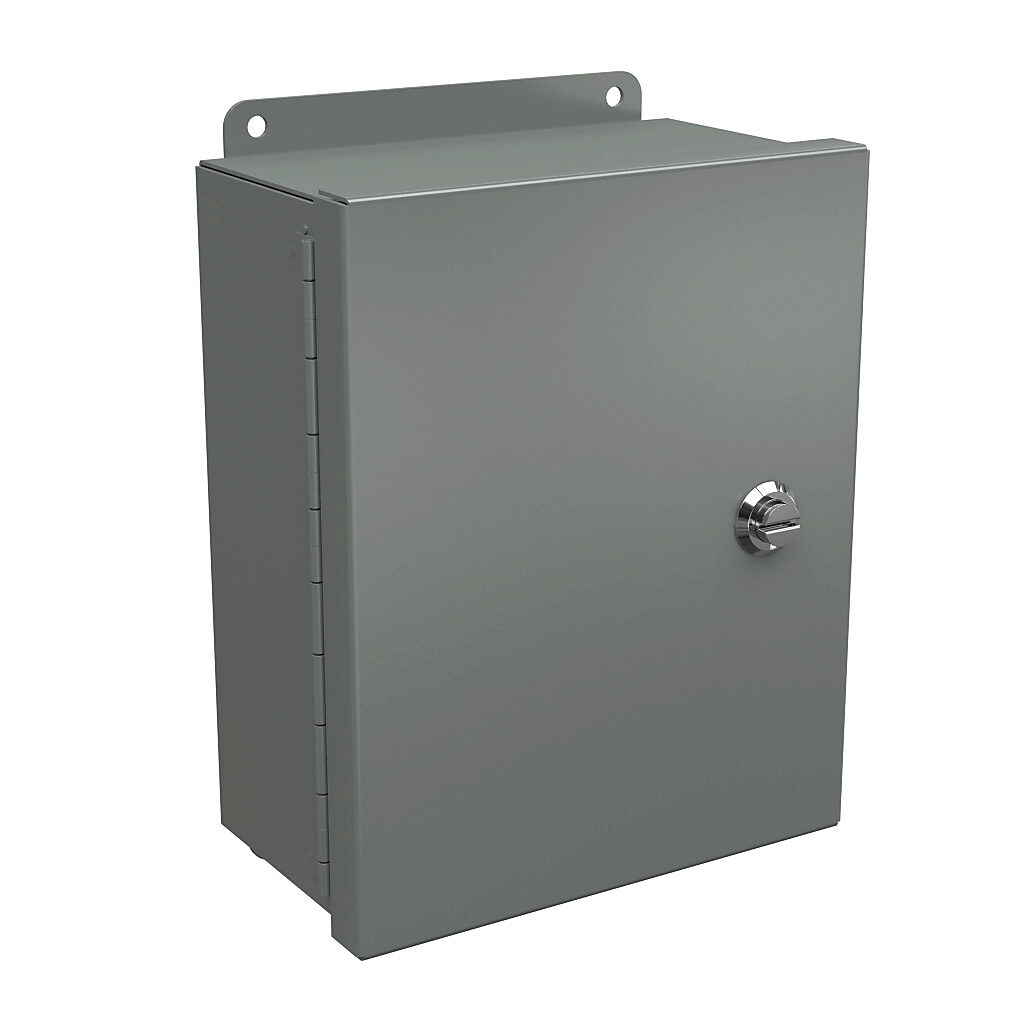 BN4100804CHQT - Wiegmann Ultimate Mini-Max series enclosure, NEMA 4/12, 10 x 8 x 4in (HxWxD), wall mount, carbon steel, ANSI 61 gray, powder coat finish, single-door, 1/4-turn semi-flush oil-tight latch.