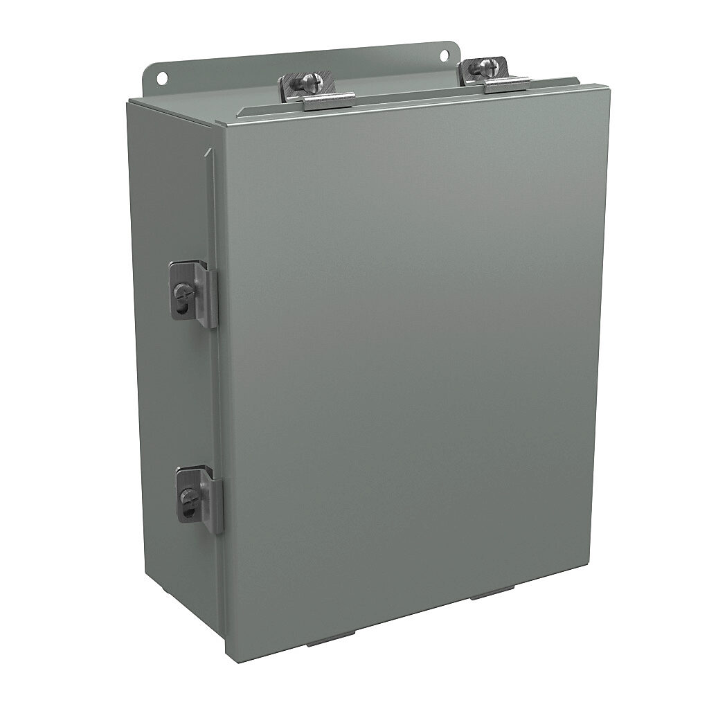 BN4121005 - Wiegmann enclosure, NEMA 4/12/13, 12 x 10 x 5in (HxWxD), wall mount, carbon steel, ANSI 61 gray, powder coat finish, lift-off cover, stainless steel clamps.