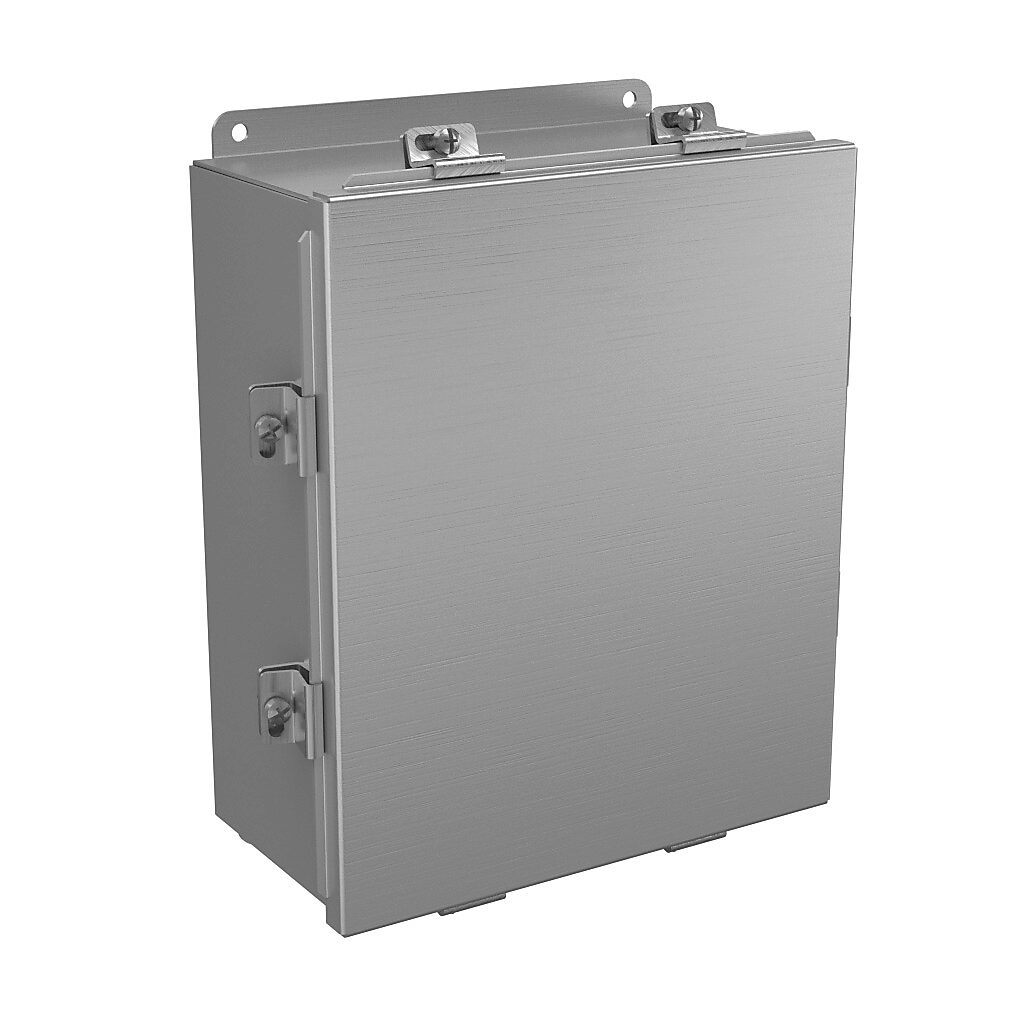 BN4121005AL - Wiegmann enclosure, NEMA 4/4X/12/13, 12 x 10 x 5in (HxWxD), wall mount, 5052-H32 aluminum, No. 3 intermediate polished finish, lift-off cover, stainless steel clamps.