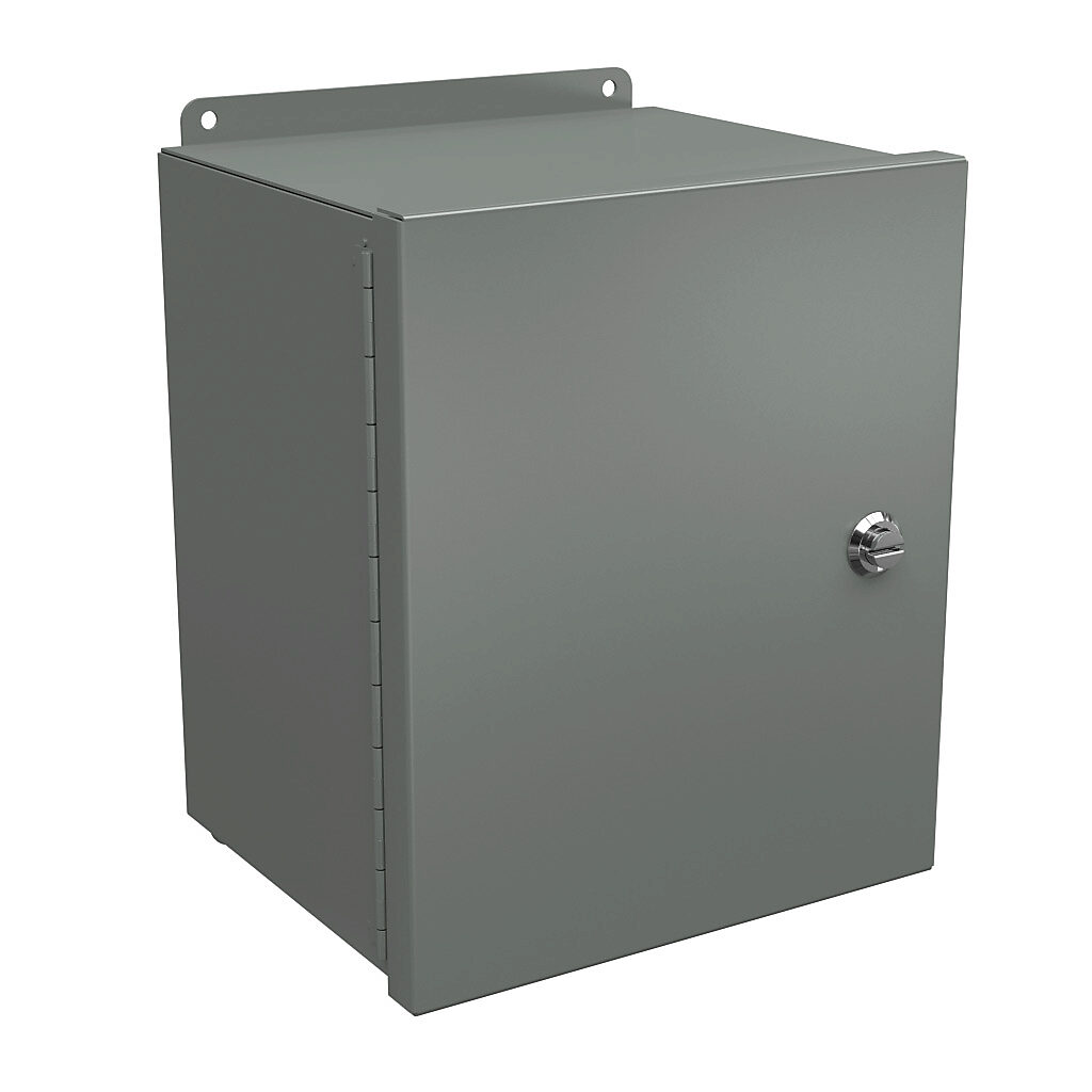BN4121008CHQT - Wiegmann Ultimate Mini-Max series enclosure, NEMA 4/12, 12 x 10 x 8in (HxWxD), wall mount, carbon steel, ANSI 61 gray, powder coat finish, single-door, 1/4-turn semi-flush oil-tight latch.