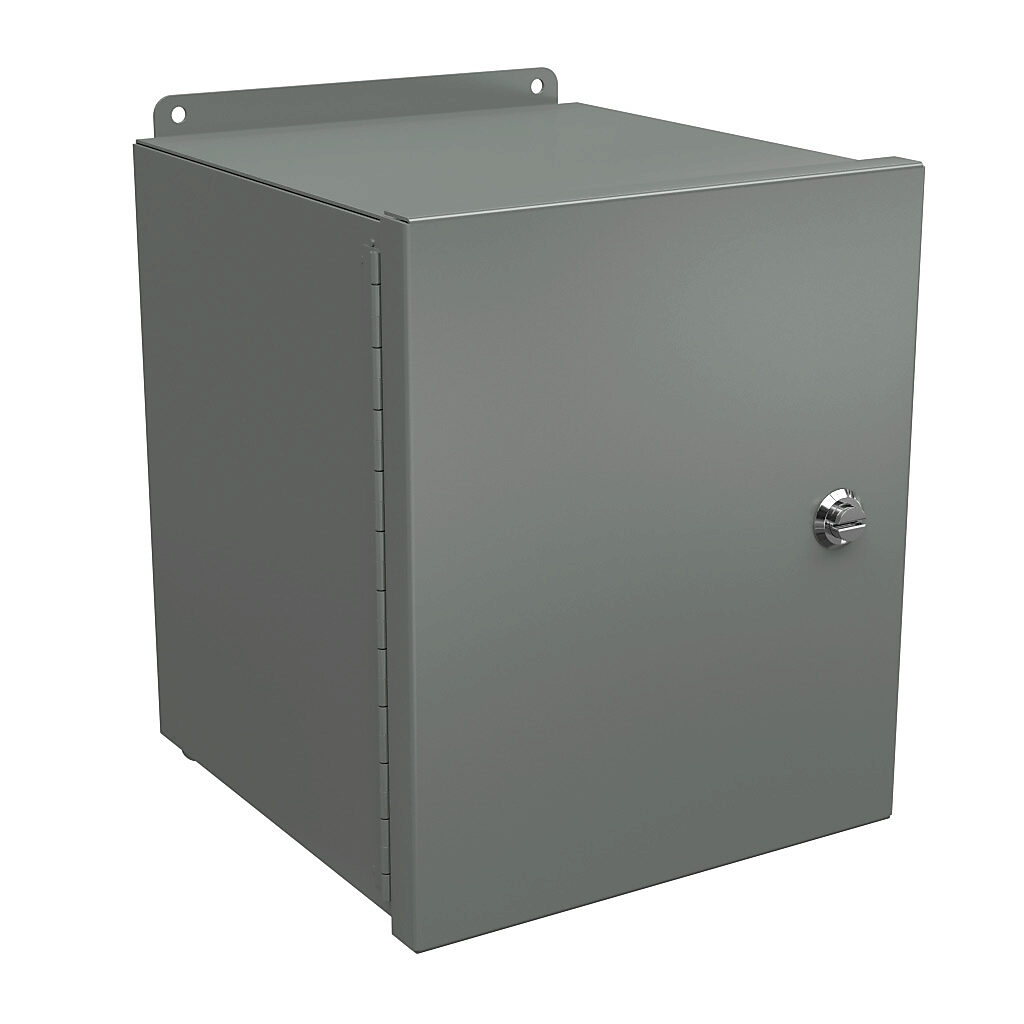 BN4121010CHQT - Wiegmann Ultimate Mini-Max series enclosure, NEMA 4/12, 12 x 10 x 10in (HxWxD), wall mount, carbon steel, ANSI 61 gray, powder coat finish, single-door, 1/4-turn semi-flush oil-tight latch.