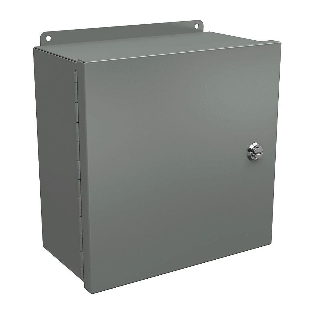 BN4121206CHQT - Wiegmann Ultimate Mini-Max series enclosure, NEMA 4/12, 12 x 12 x 6in (HxWxD), wall mount, carbon steel, ANSI 61 gray, powder coat finish, single-door, 1/4-turn semi-flush oil-tight latch.