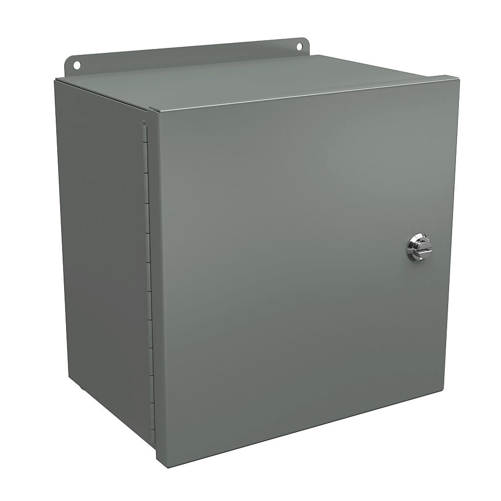 BN4121208CHQT - Wiegmann Ultimate Mini-Max series enclosure, NEMA 4/12, 12 x 12 x 8in (HxWxD), wall mount, carbon steel, ANSI 61 gray, powder coat finish, single-door, 1/4-turn semi-flush oil-tight latch.