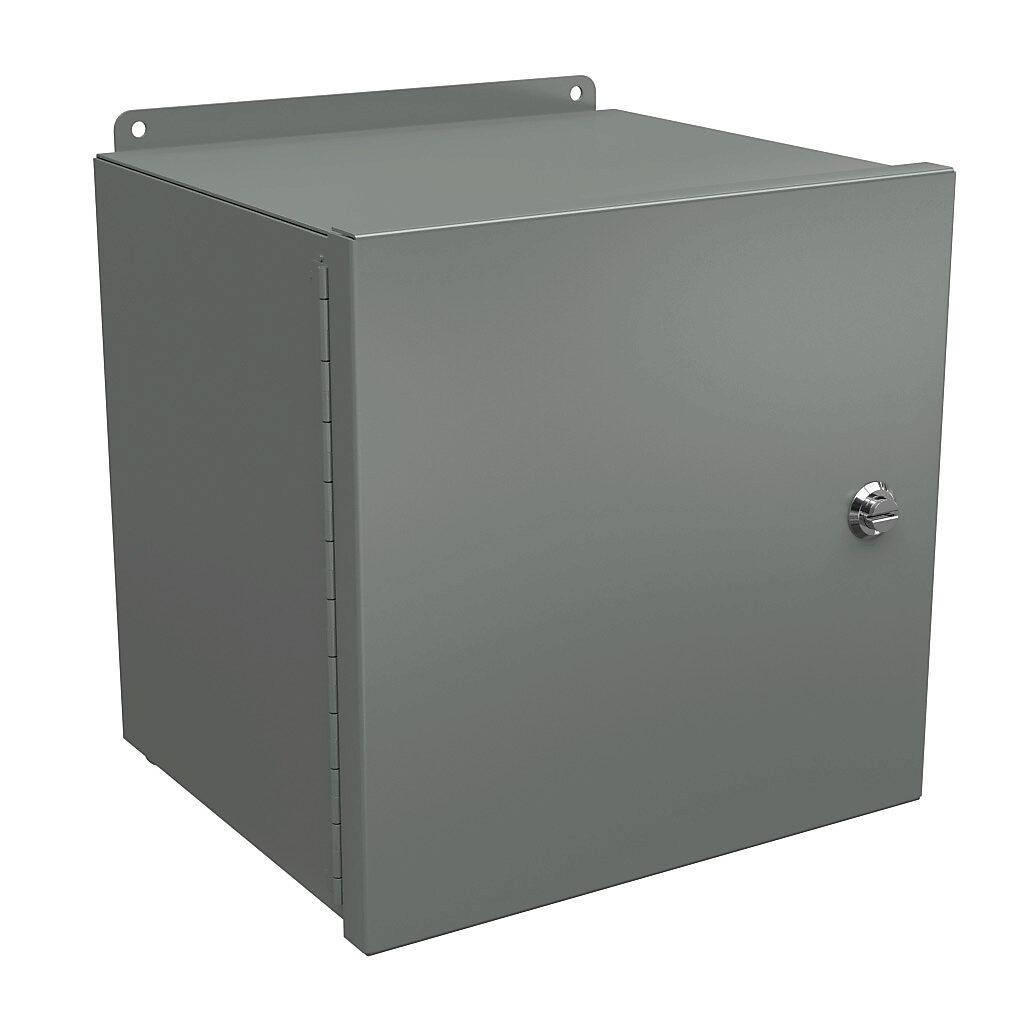 BN4121210CHQT - Wiegmann Ultimate Mini-Max series enclosure, NEMA 4/12, 12 x 12 x 10in (HxWxD), wall mount, carbon steel, ANSI 61 gray, powder coat finish, single-door, 1/4-turn semi-flush oil-tight latch.
