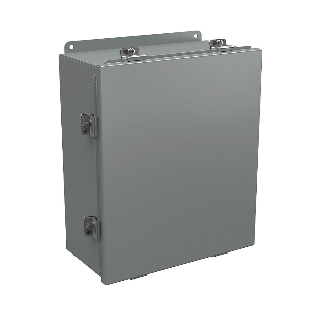 BN4141206 - Wiegmann enclosure, NEMA 4/12/13, 14 x 12 x 6in (HxWxD), wall mount, carbon steel, ANSI 61 gray, powder coat finish, lift-off cover, stainless steel clamps.