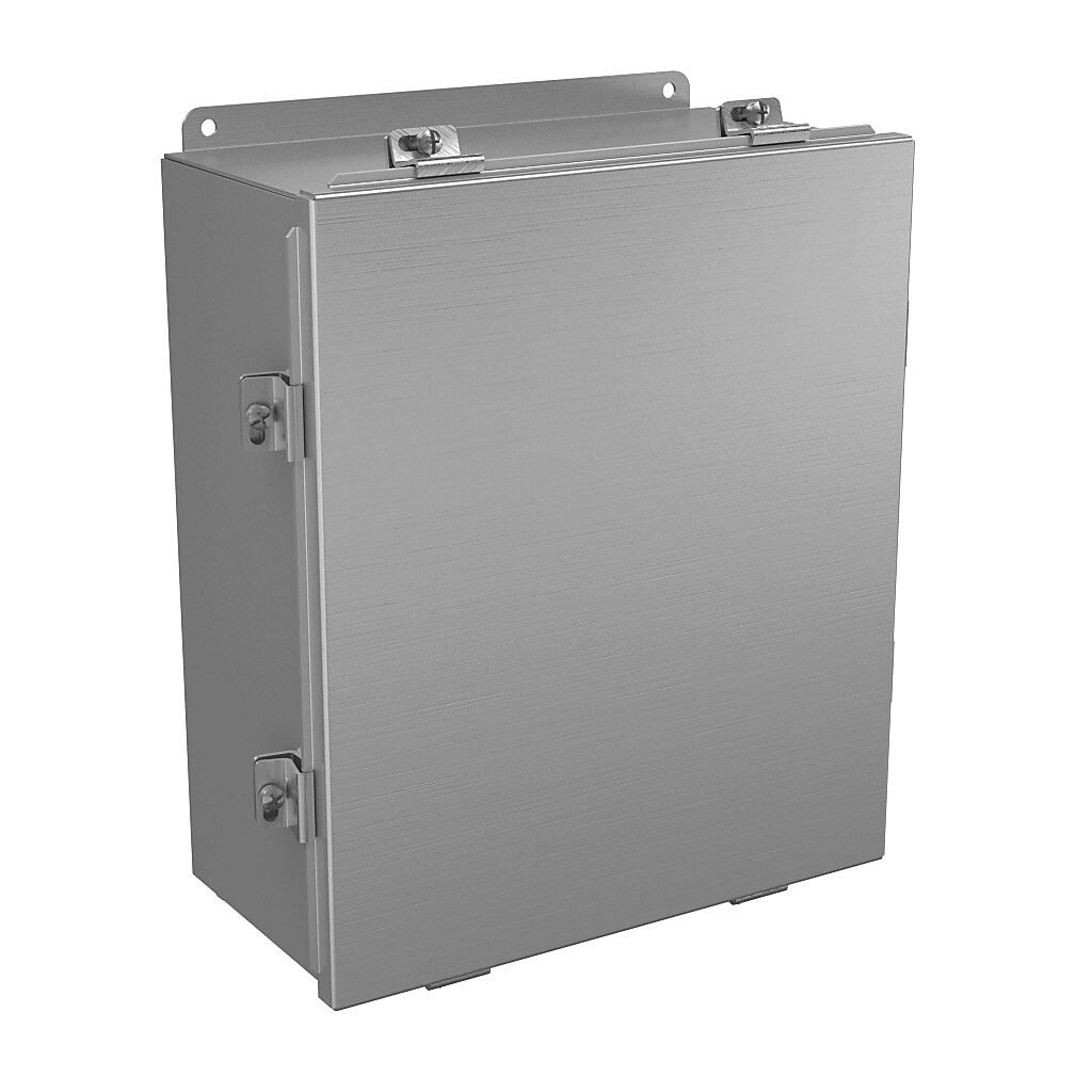 BN4141206AL - Wiegmann enclosure, NEMA 4/4X/12/13, 14 x 12 x 6in (HxWxD), wall mount, 5052-H32 aluminum, No. 3 intermediate polished finish, lift-off cover, stainless steel clamps.