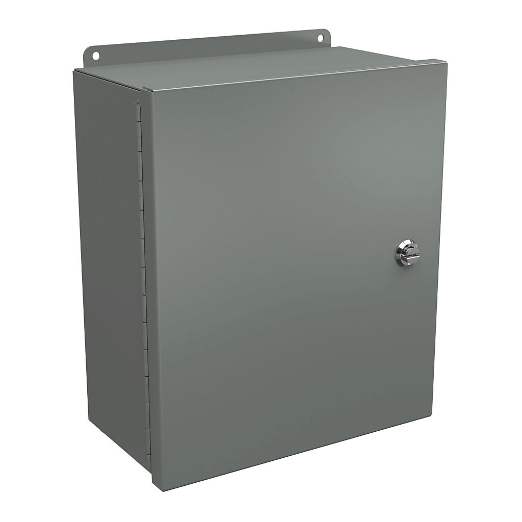 BN4141206CHQT - Wiegmann Ultimate Mini-Max series enclosure, NEMA 4/12, 14 x 12 x 6in (HxWxD), wall mount, carbon steel, ANSI 61 gray, powder coat finish, single-door, 1/4-turn semi-flush oil-tight latch.