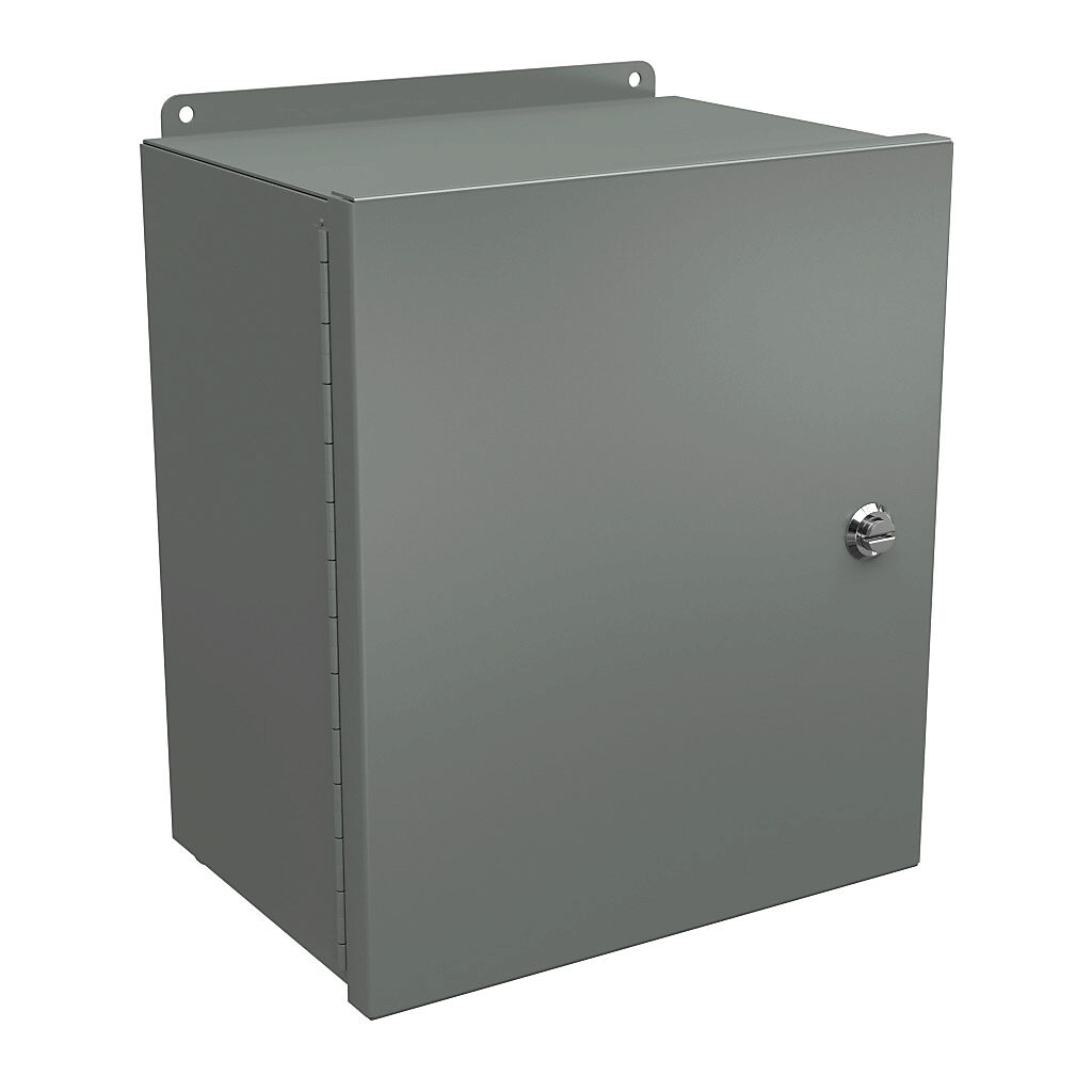 BN4141208CHQT - Wiegmann Ultimate Mini-Max series enclosure, NEMA 4/12, 14 x 12 x 8in (HxWxD), wall mount, carbon steel, ANSI 61 gray, powder coat finish, single-door, 1/4-turn semi-flush oil-tight latch.