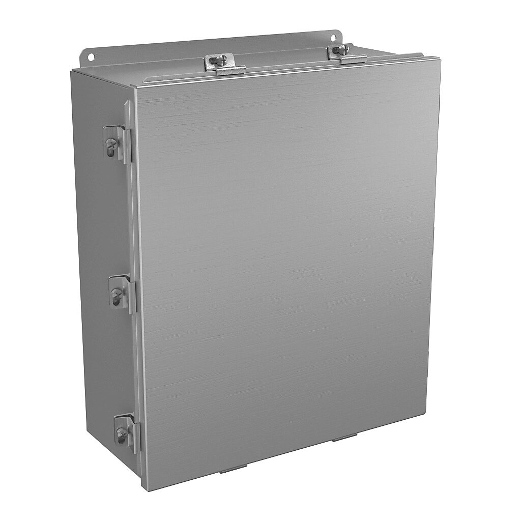 BN4161406AL - Wiegmann enclosure, NEMA 4/4X/12/13, 16 x 14 x 6in (HxWxD), wall mount, 5052-H32 aluminum, No. 3 intermediate polished finish, lift-off cover, stainless steel clamps.