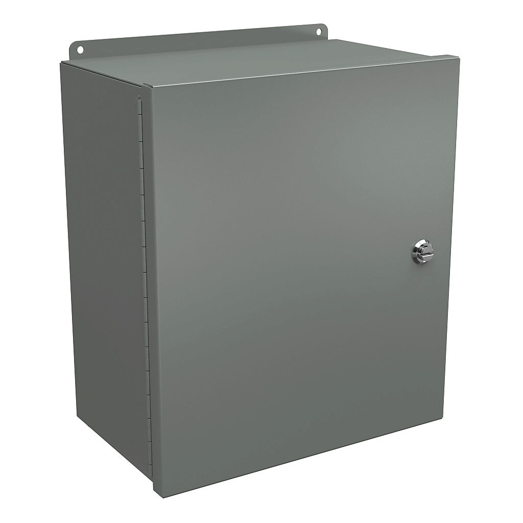 BN4161408CHQT - Wiegmann Ultimate Mini-Max series enclosure, NEMA 4/12, 16 x 14 x 8in (HxWxD), wall mount, carbon steel, ANSI 61 gray, powder coat finish, single-door, 1/4-turn semi-flush oil-tight latch.