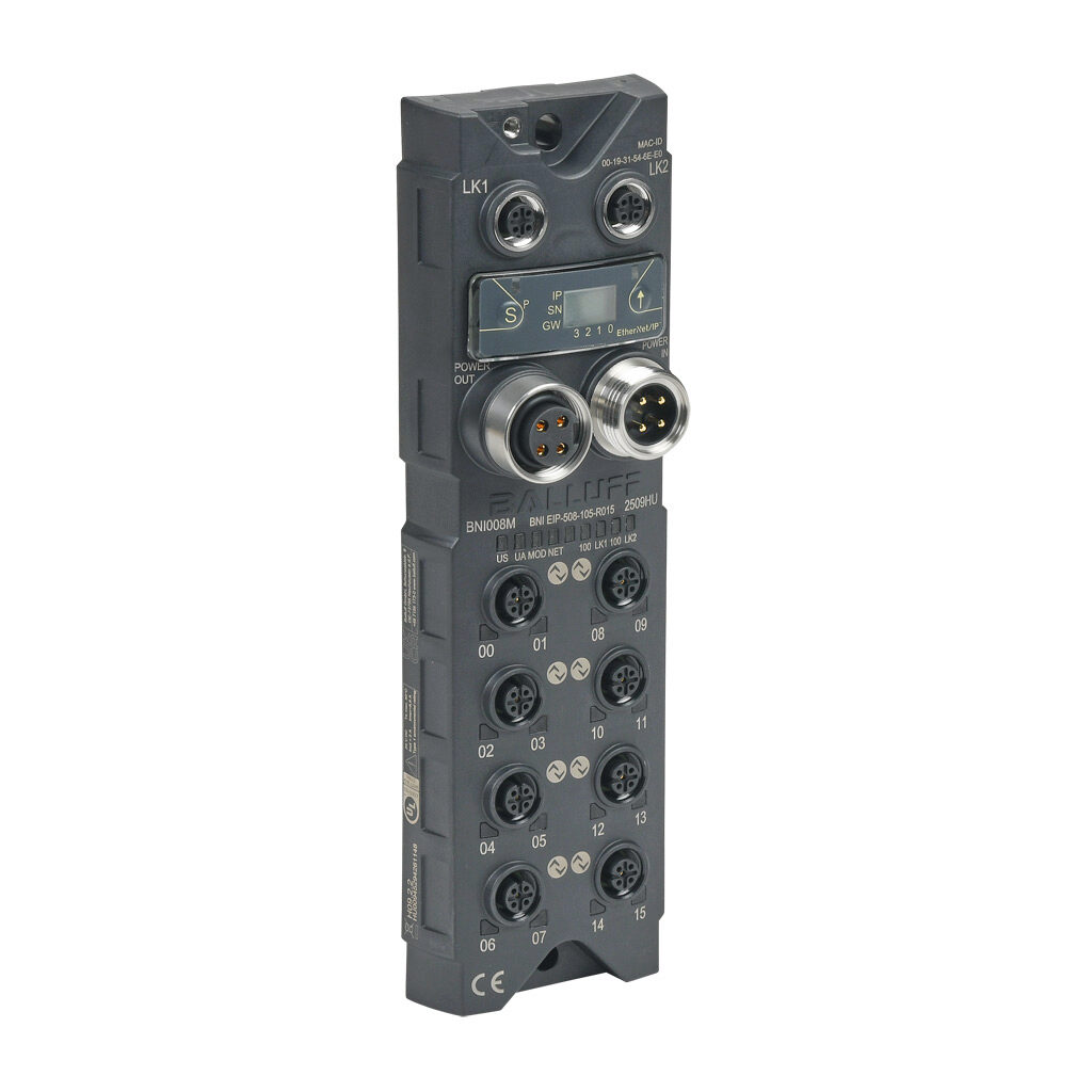 BNI008M - Balluff EtherNet/IP IO-Link master, (8) IO-Link capable I/O points, up to (16) discrete I/O points, IO-Link v1.1.3, 9A, 2A/port, plastic housing, IP67, -5 to 70 deg C, multi-line LCD display.