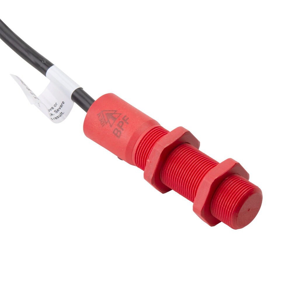 BPF-M-413001 - IDEM safety switch set, non-contact master coded RFID, (2) N.C. safety output(s), (1) N.O. monitoring output(s), polyester housing, 18mm diameter x 75mm body, pigtail, 16.4ft/5m cable length.
