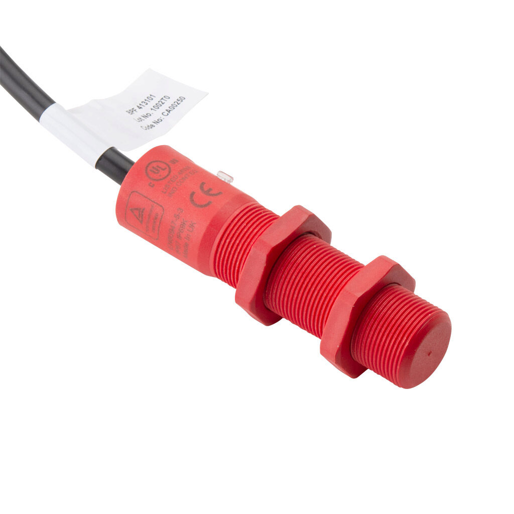 BPF-U-413101 - IDEM safety switch set, non-contact uniquely coded RFID, (2) N.C. safety output(s), (1) N.O. monitoring output(s), polyester housing, 18mm diameter x 75mm body, pigtail, 16.4ft/5m cable length.