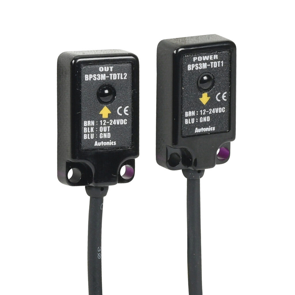 BPS3M-TDTL - Autonics photoelectric sensor, rectangular, through-beam pair, infrared, 0-3m sensing distance, light-on, NPN, 10.8-26.4 VDC operating voltage, 28 x 16 x 7.5mm body, polycarbonate, 3-wire, pigtail.