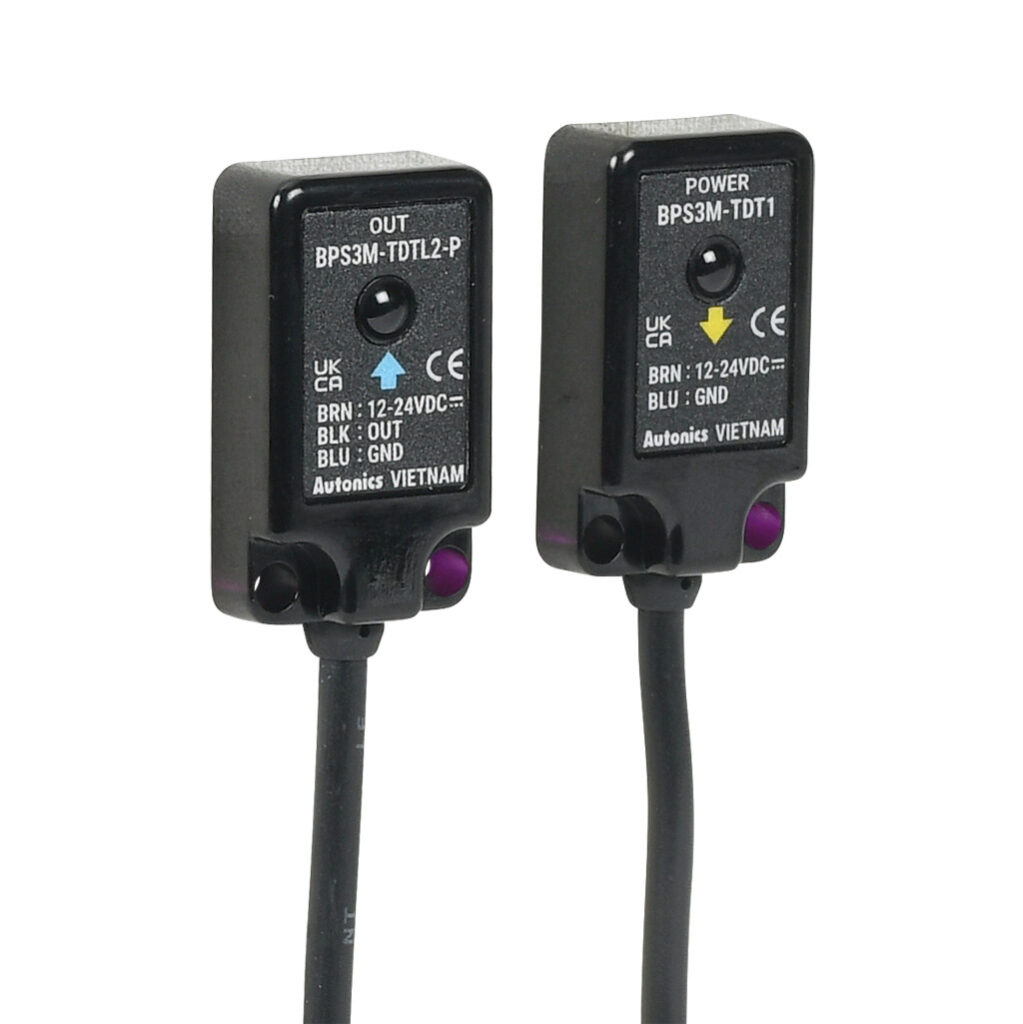 BPS3M-TDTL-P - Autonics photoelectric sensor, rectangular, through-beam pair, infrared, 0-3m sensing distance, light-on, PNP, 10.8-26.4 VDC operating voltage, 28 x 16 x 7.5mm body, polycarbonate, 3-wire, pigtail.
