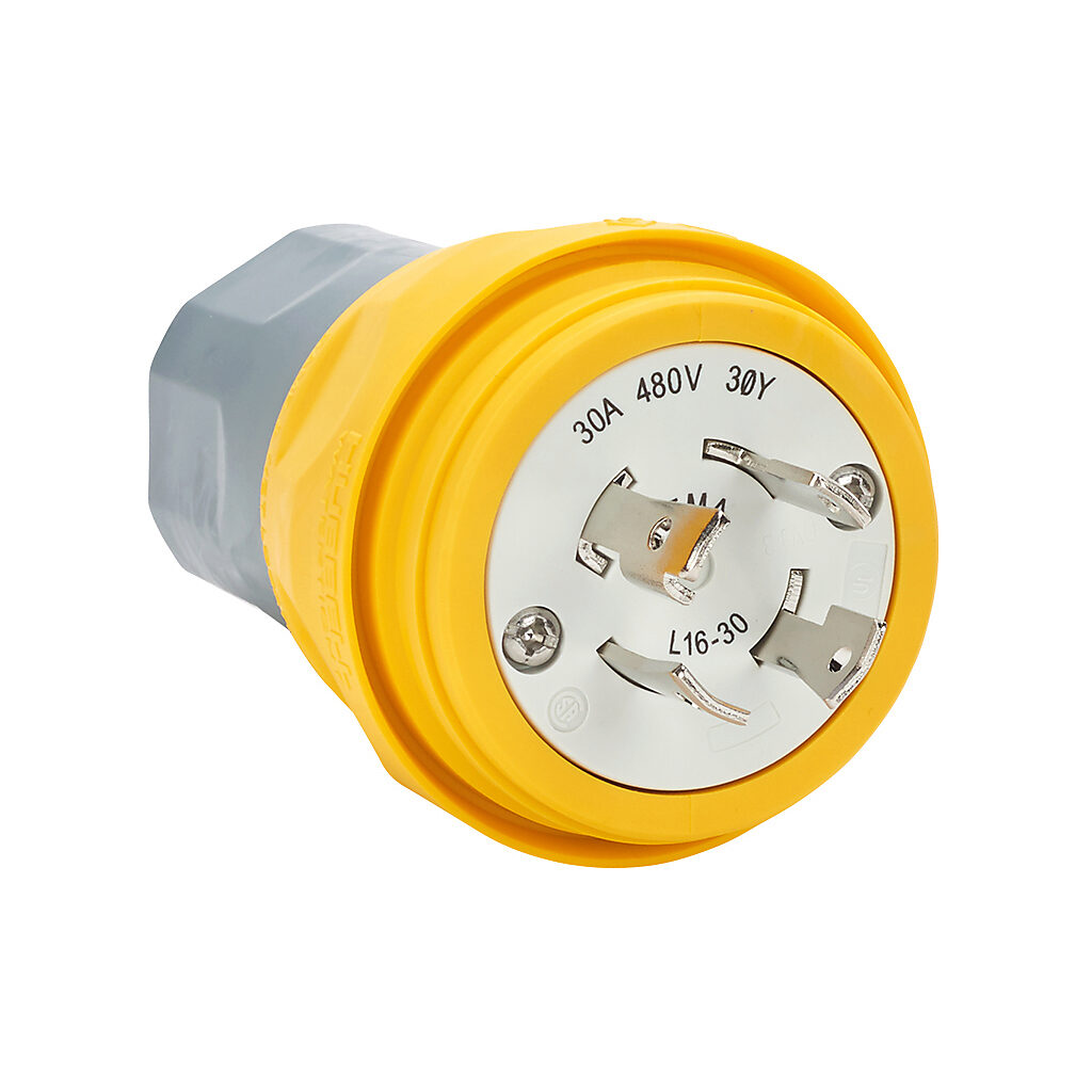 BRY28W76 - Bryant watertight locking blade plug, 30A, 480 VAC, 3-phase, 3-pole, 4-wire, NEMA L16-30, accepts cord size 0.385-1.05in, UL Type 4, 4X, 6 and 6P, thermoplastic elastomer (PTE) housing, yellow.
