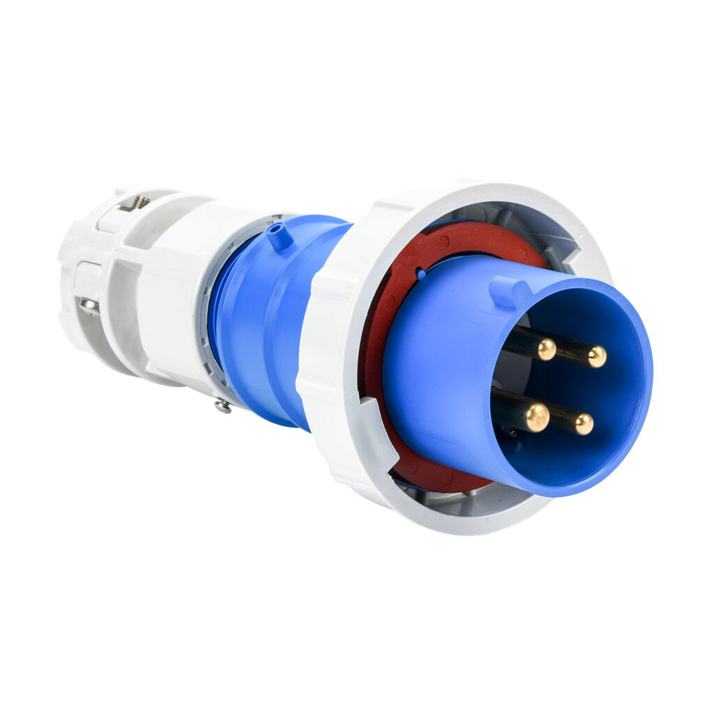BRY430P9W - Bryant watertight pin and sleeve plug, 30A, 250 VAC, 3-phase, 3-pole, 4-wire, 9 hour, accepts cord size 0.625-1.05in, IP67, nylon housing, blue.