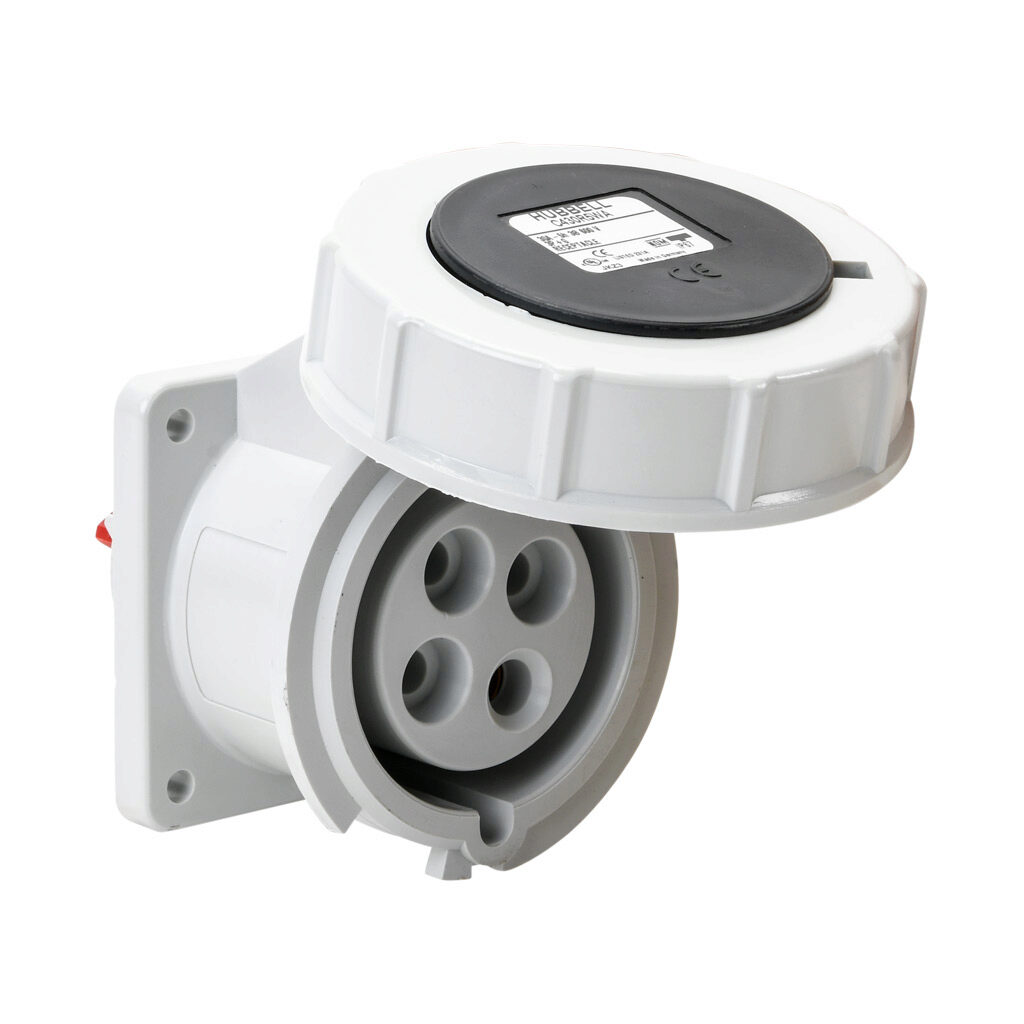 BRY430R5W - Bryant watertight single pin and sleeve receptacle, 30A, 600 VAC, 3-phase, 3-pole, 4-wire, 5 hour, IP67, nylon housing, black.