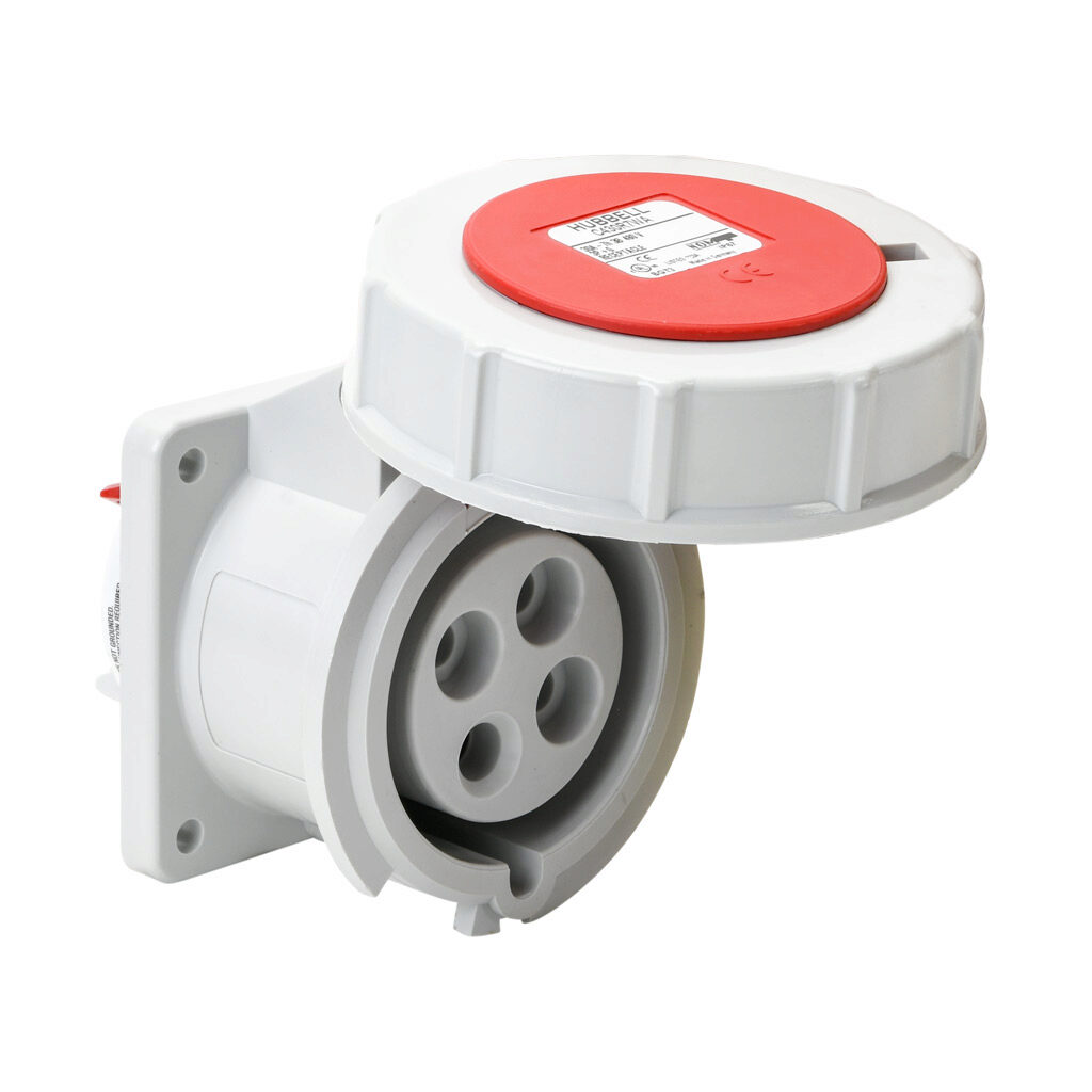 BRY430R7W - Bryant watertight single pin and sleeve receptacle, 30A, 480 VAC, 3-phase, 3-pole, 4-wire, 7 hour, IP67, nylon housing, red.