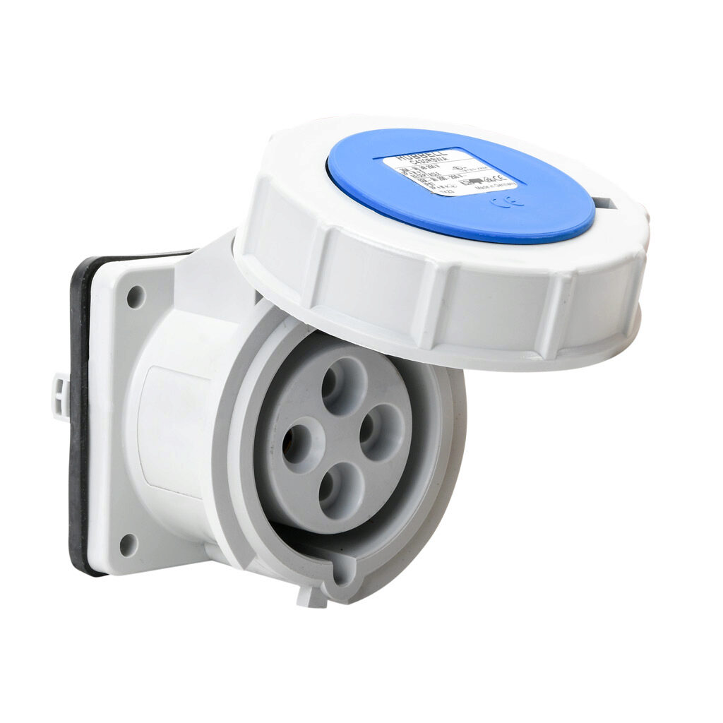BRY430R9W - Bryant watertight single pin and sleeve receptacle, 30A, 250 VAC, 3-phase, 3-pole, 4-wire, 9 hour, IP67, nylon housing, blue.