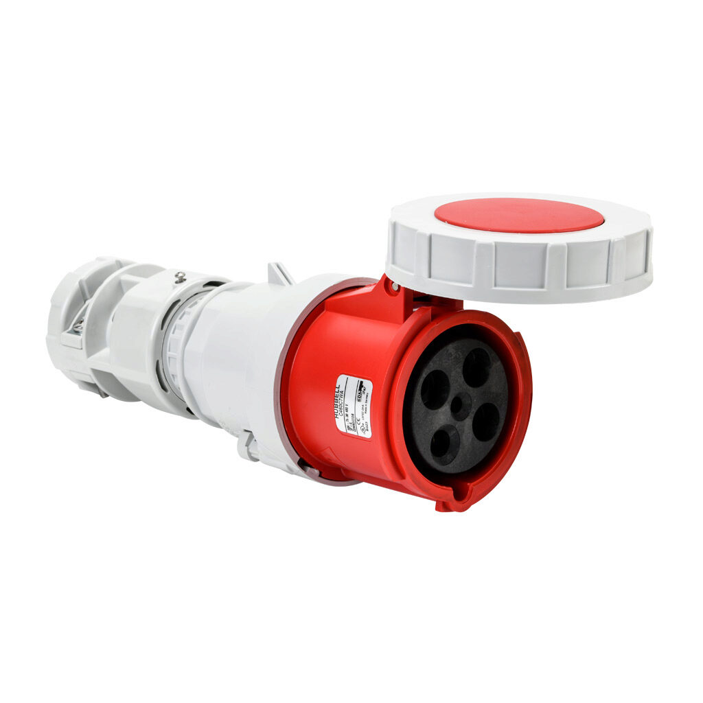 BRY460C7W - Bryant watertight pin and sleeve connector, 60A, 480 VAC, 3-phase, 3-pole, 4-wire, 7 hour, accepts cord size 1.05-1.45in, IP67, nylon housing, red.