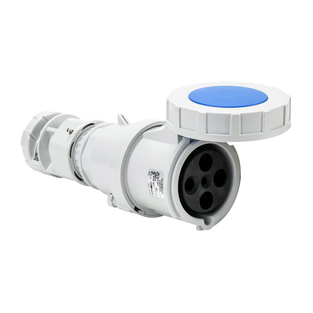 BRY460C9W - Bryant watertight pin and sleeve connector, 60A, 250 VAC, 3-phase, 3-pole, 4-wire, 9 hour, accepts cord size 1.05-1.45in, IP67, nylon housing, blue.