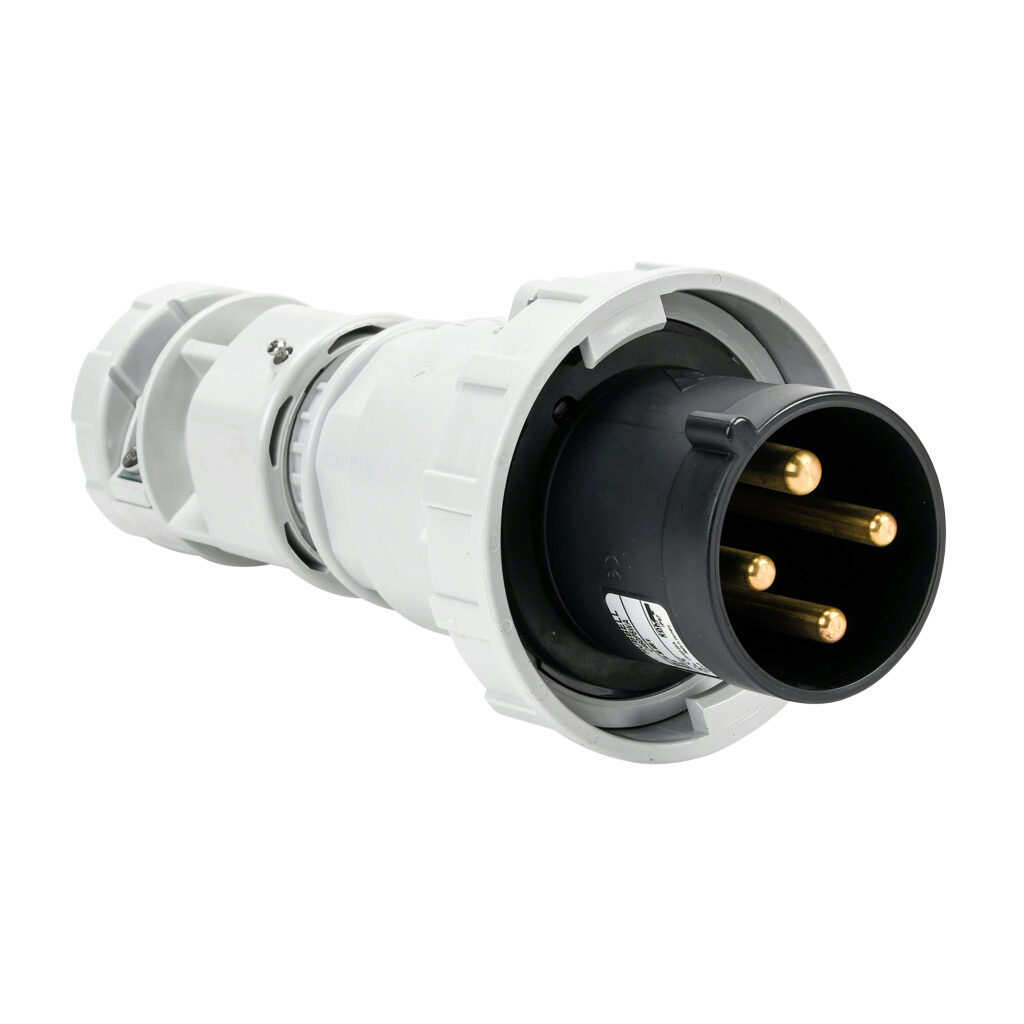 BRY460P5W - Bryant watertight pin and sleeve plug, 60A, 600 VAC, 3-phase, 3-pole, 4-wire, 5 hour, accepts cord size 1.05-1.45in, IP67, nylon housing, black.