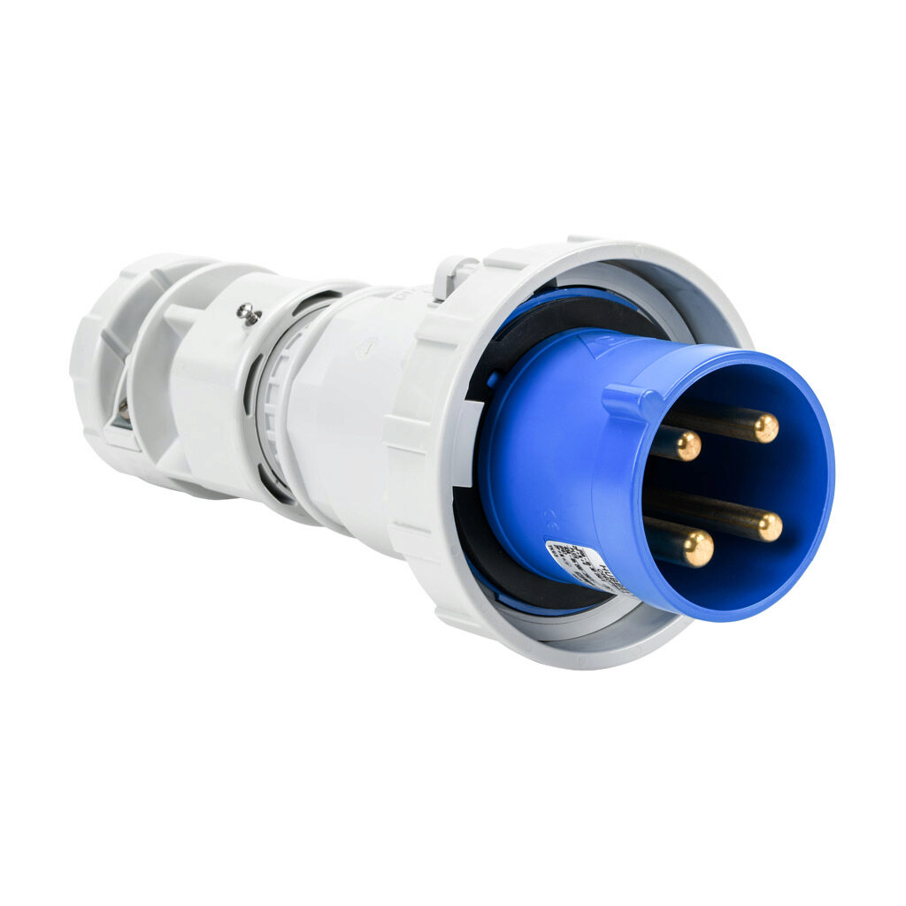 BRY460P9W - Bryant watertight pin and sleeve plug, 60A, 250 VAC, 3-phase, 3-pole, 4-wire, 9 hour, accepts cord size 1.05-1.45in, IP67, nylon housing, blue.