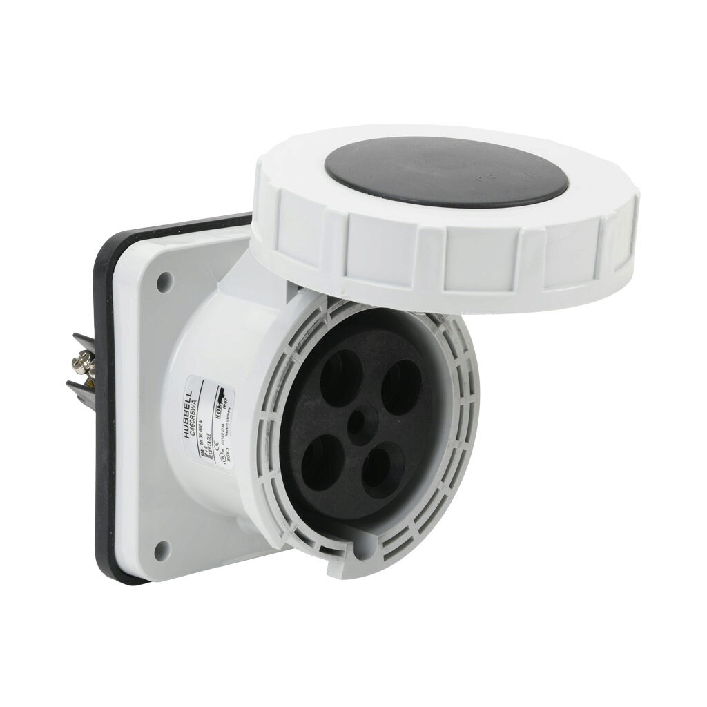 BRY460R5W - Bryant watertight single pin and sleeve receptacle, 60A, 600 VAC, 3-phase, 3-pole, 4-wire, 5 hour, IP67, nylon housing, black.