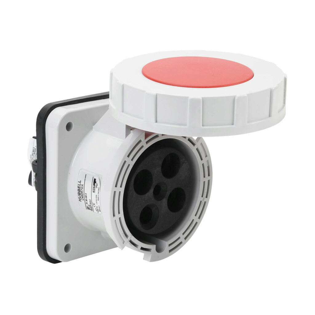 BRY460R7W - Bryant watertight single pin and sleeve receptacle, 60A, 480 VAC, 3-phase, 3-pole, 4-wire, 7 hour, IP67, nylon housing, red.