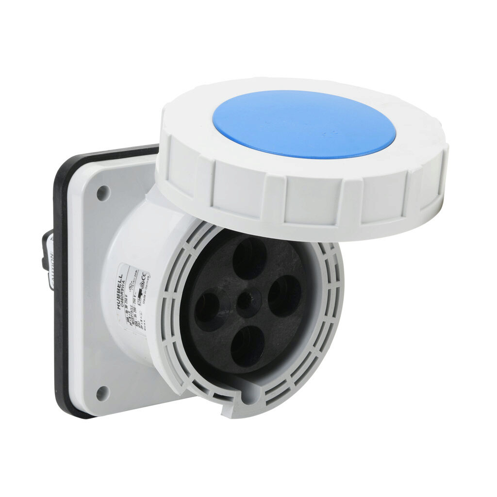 BRY460R9W - Bryant watertight single pin and sleeve receptacle, 60A, 250 VAC, 3-phase, 3-pole, 4-wire, 9 hour, IP67, nylon housing, blue.