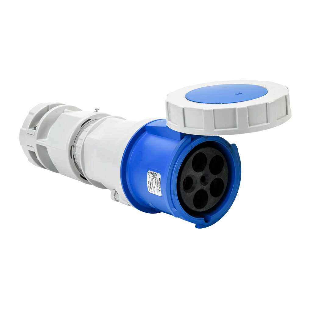 BRY5100C9W - Bryant watertight pin and sleeve connector, 100A, 120/208 VAC, 3-phase, 4-pole, 5-wire, 9 hour, accepts cord size 1.063-1.88in, IP67, nylon housing, blue.