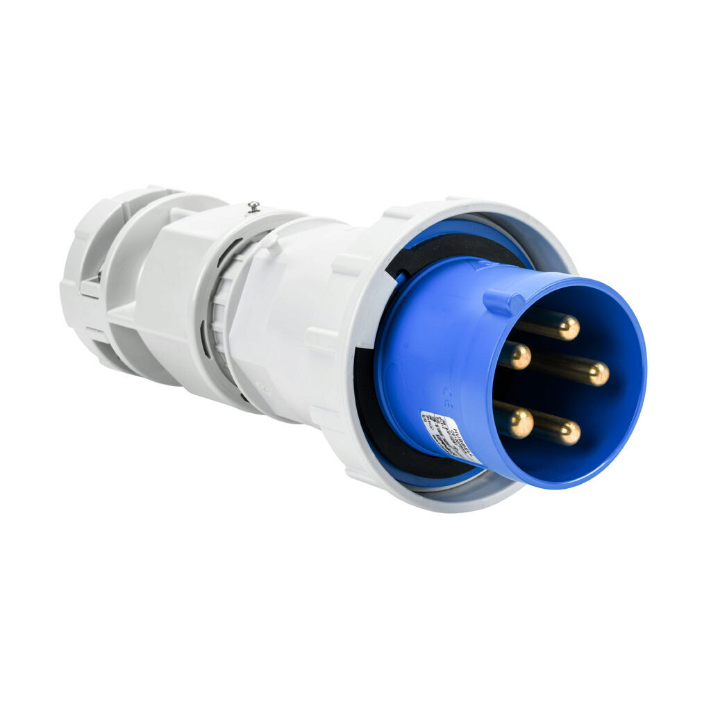 BRY5100P9W - Bryant watertight pin and sleeve plug, 100A, 120/208 VAC, 3-phase, 4-pole, 5-wire, 9 hour, accepts cord size 1.063-1.88in, IP67, nylon housing, blue.