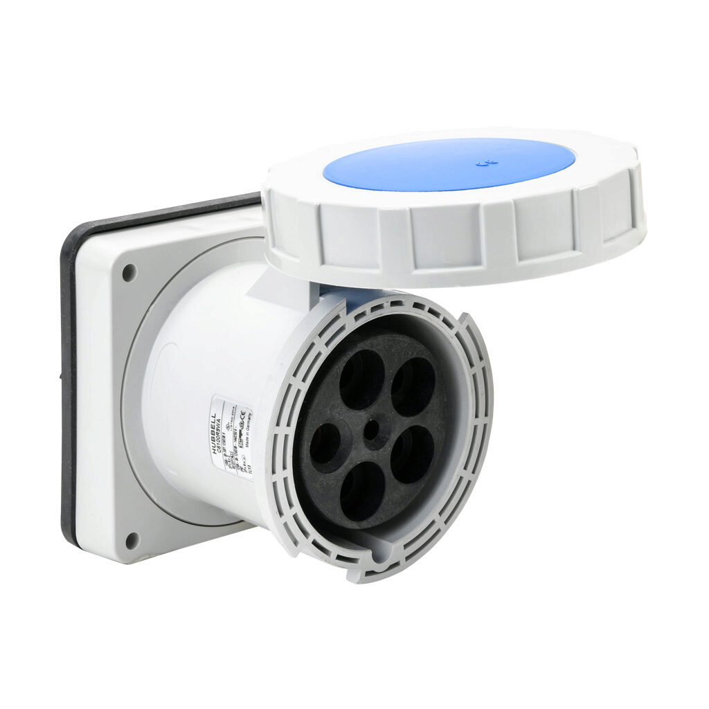 BRY5100R9W - Bryant watertight single pin and sleeve receptacle, 100A, 120/208 VAC, 3-phase, 4-pole, 5-wire, 9 hour, IP67, nylon housing, blue.