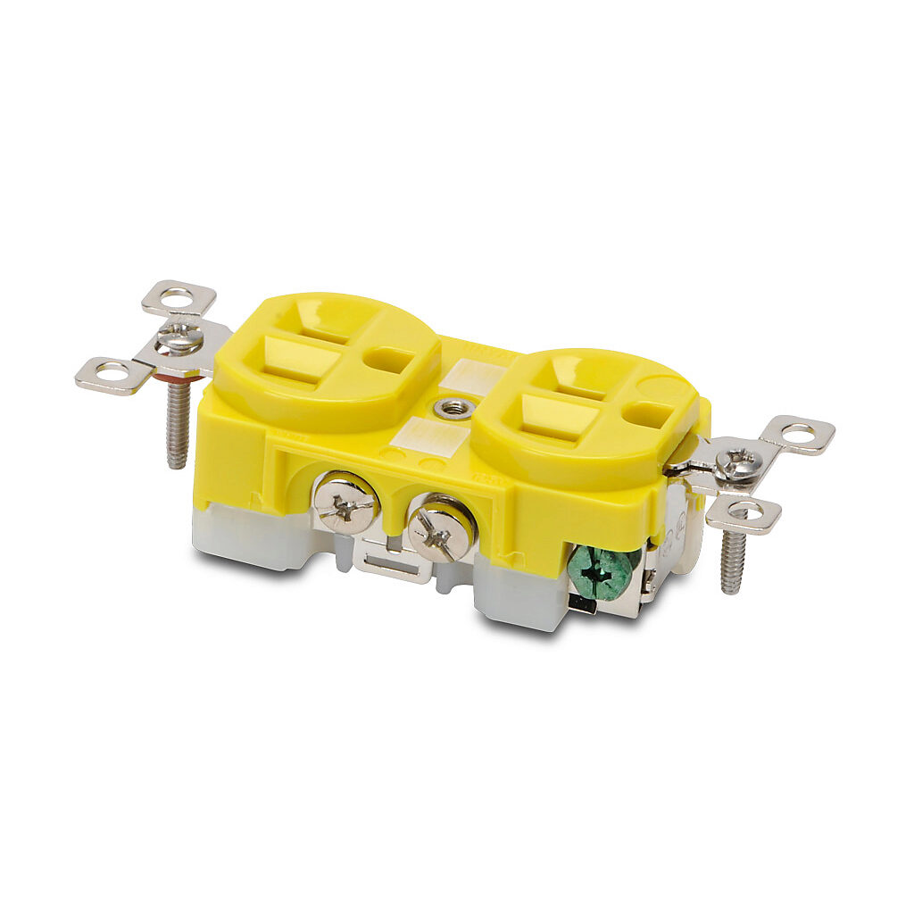BRY5262CR - Bryant industrial heavy duty duplex straight blade receptacle, 15A, 125 VAC, 1-phase, 2-pole, 3-wire, NEMA 5-15, nylon molded housing, yellow.