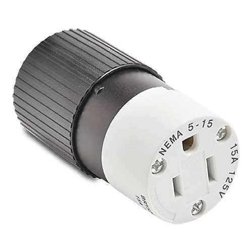 BRY5269NC - Bryant industrial heavy duty straight blade connector, 15A, 125 VAC, 1-phase, 2-pole, 3-wire, NEMA 5-15, accepts cord size 0.3-0.65in, nylon housing, black and white.