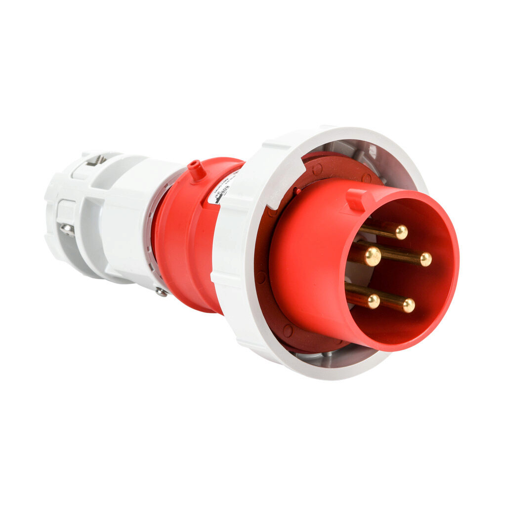 BRY530P7W - Bryant watertight pin and sleeve plug, 30A, 277/480VAC, 3-phase, 4-pole, 5-wire, 7 hour, accepts cord size 0.76-1.15in, IP67, nylon housing, red.