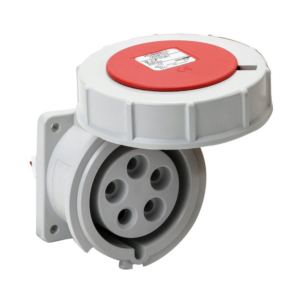 BRY530R7W - Bryant watertight single pin and sleeve receptacle, 30A, 277/480VAC, 3-phase, 4-pole, 5-wire, 7 hour, IP67, nylon housing, red.