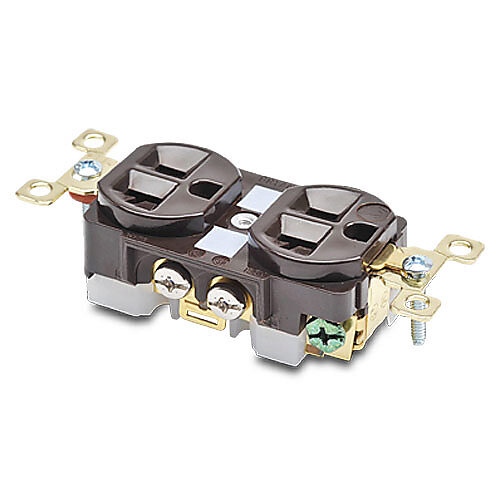 BRY5362 - Bryant industrial heavy duty duplex straight blade receptacle, 20A, 125 VAC, 1-phase, 2-pole, 3-wire, NEMA 5-20, nylon molded housing, brown.