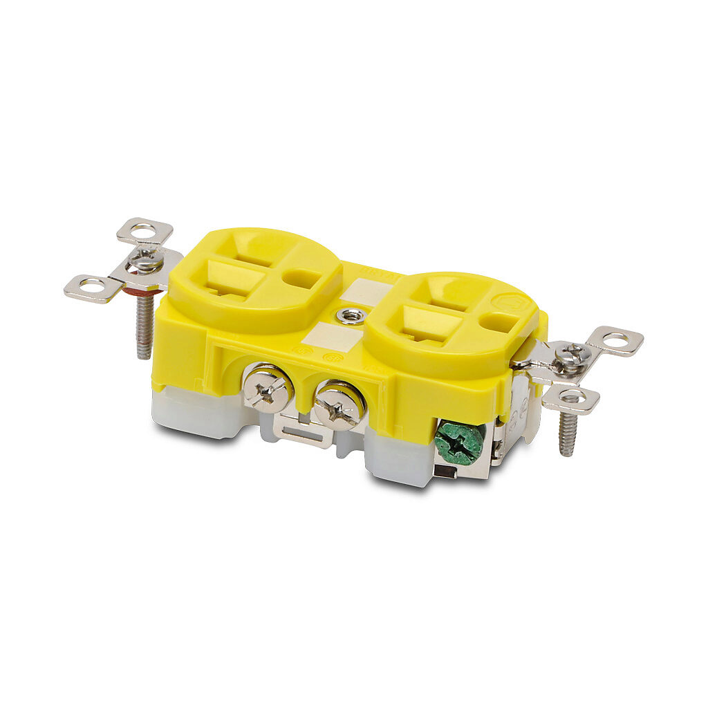 BRY5362CR - Bryant industrial heavy duty duplex straight blade receptacle, 20A, 125 VAC, 1-phase, 2-pole, 3-wire, NEMA 5-20, nylon molded housing, yellow.