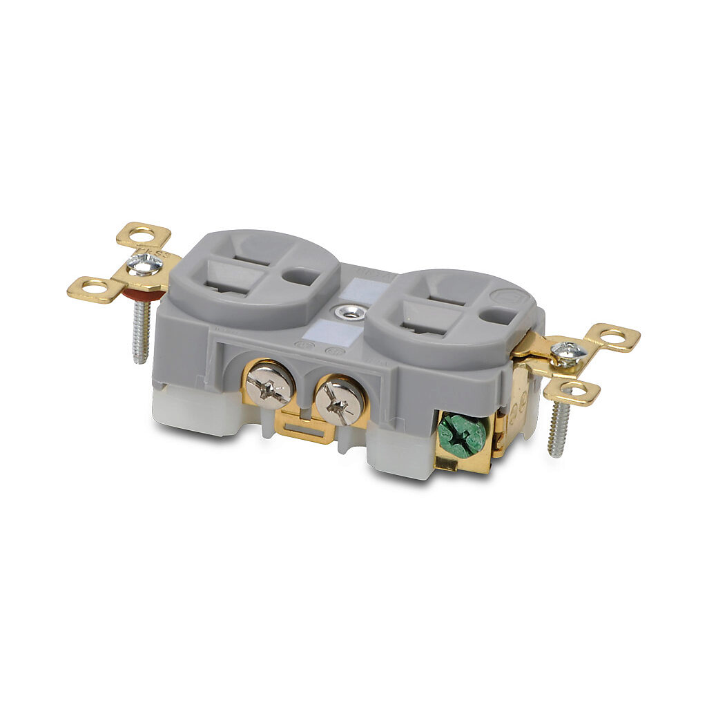 BRY5362GRY - Bryant industrial heavy duty duplex straight blade receptacle, 20A, 125 VAC, 1-phase, 2-pole, 3-wire, NEMA 5-20, nylon molded housing, gray.