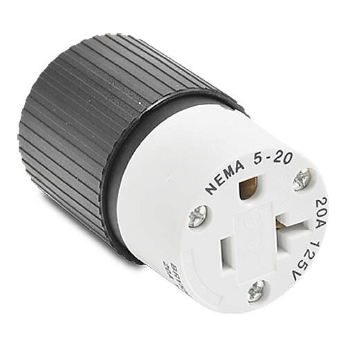BRY5369NC - Bryant industrial heavy duty straight blade connector, 20A, 125 VAC, 1-phase, 2-pole, 3-wire, NEMA 5-20, accepts cord size 0.3-0.65in, nylon housing, black and white.