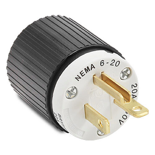 BRY5466NP - Bryant industrial heavy duty straight blade plug, 20A, 250 VAC, 1-phase, 2-pole, 3-wire, NEMA 6-20, accepts cord size 0.3-0.65in, nylon housing, black and white.