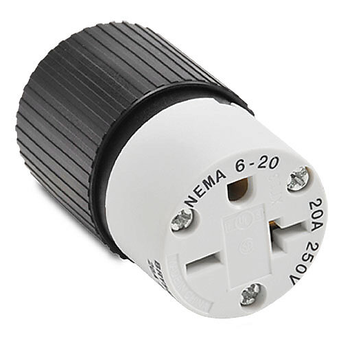 BRY5469NC - Bryant industrial heavy duty straight blade connector, 20A, 250 VAC, 1-phase, 2-pole, 3-wire, NEMA 6-20, accepts cord size 0.3-0.65in, nylon housing, black and white.