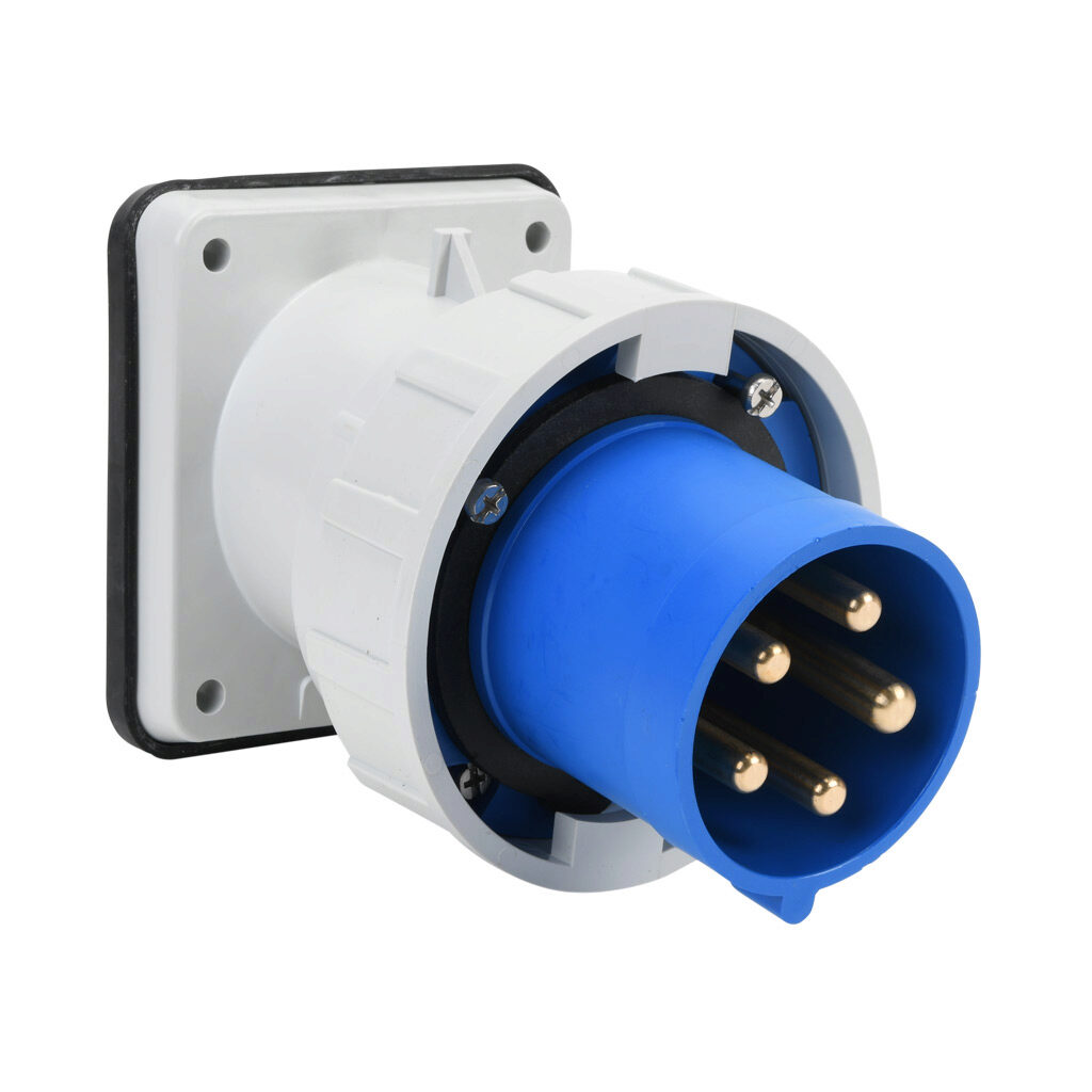 BRY560B9W - Bryant watertight pin and sleeve inlet, 60A, 120/208 VAC, 3-phase, 4-pole, 5-wire, 9 hour, IP67, nylon housing, blue.
