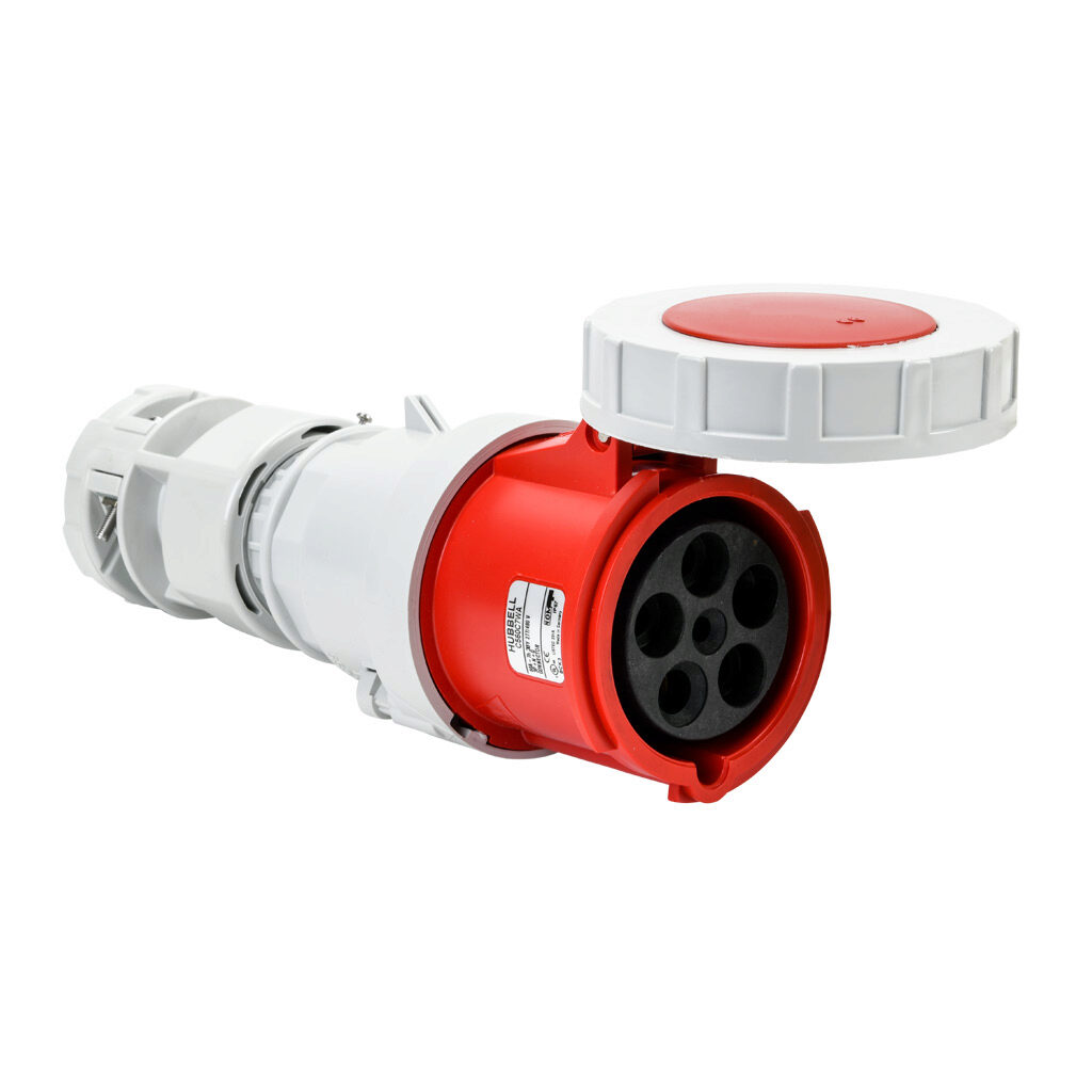 BRY560C7W - Bryant watertight pin and sleeve connector, 60A, 277/480 VAC, 3-phase, 4-pole, 5-wire, 7 hour, accepts cord size 1.18-1.45in, IP67, nylon housing, red.