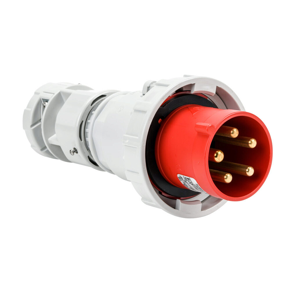 BRY560P7W - Bryant watertight pin and sleeve plug, 60A, 277/480 VAC, 3-phase, 4-pole, 5-wire, 7 hour, accepts cord size 1.18-1.45in, IP67, nylon housing, red.