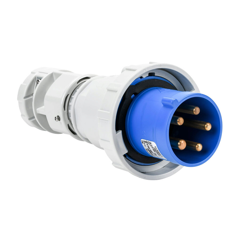 BRY560P9W - Bryant watertight pin and sleeve plug, 60A, 120/208 VAC, 3-phase, 4-pole, 5-wire, 9 hour, accepts cord size 1.18-1.45in, IP67, nylon housing, blue.